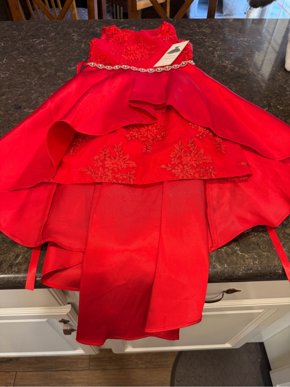 Rare Editions Red Floral High-Low Dress with Rhinestone Waistband